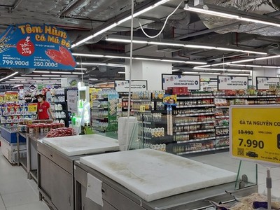 Khay bán tôm hùm và nơi bán thuỷ sản của một đại siêu thị tại Hà Nội trống trơn, hàng đưa ra không kịp bán đã hết.