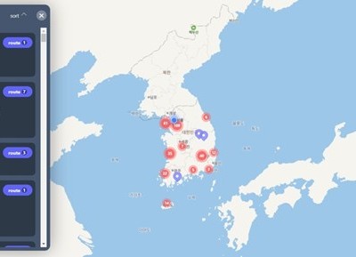 Ảnh chụp màn hình của Coramamap Live được chụp vào ngày 24/2, cho thấy một bản đồ tương tác với thông tin về bệnh nhân COVID-19 và những nơi họ đã từng qua. (Nguồn: Yonhap).