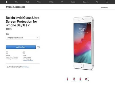 Trang web bán hàng trực tuyến của Apple "vô tình" để lộ tên gọi mẫu iPhone SE mới khi bán tấm dán màn hình. (Nguồn: Apple).
