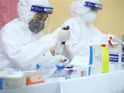 Xét nghiệm nhanh cho nhân viên, tiểu thương tại chợ đầu mối nông sản Long Biên (Ba Đình). (Ảnh: TTXVN).