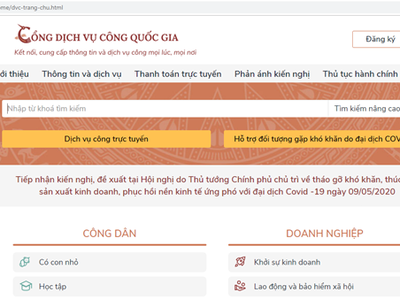 Giao diện Cổng dịch vụ công quốc gia.