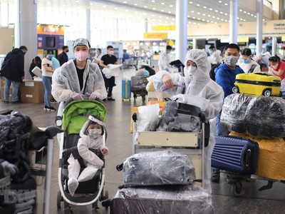 Các công dân Việt Nam chờ làm thủ tục tại sân bay Sheremetyevo. (Ảnh: Trần Hiếu/TTXVN).