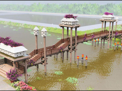 Công trình cầu kiều với chất liệu chủ yếu là gỗ bắc qua kênh tại cổng vào chính của khuôn viên tràm.