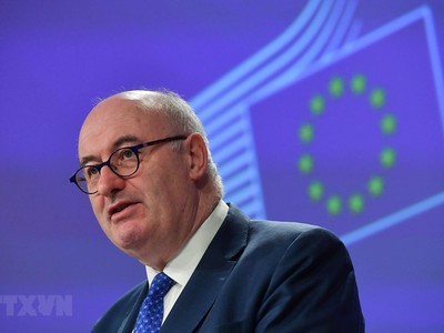 Ủy viên thương mại Liên minh châu Âu (EU) Phil Hogan trong cuộc họp báo về vấn đề Brexit tại Brussels, Bỉ ngày 8/4/2019. (Ảnh: AFP/TTXVN).