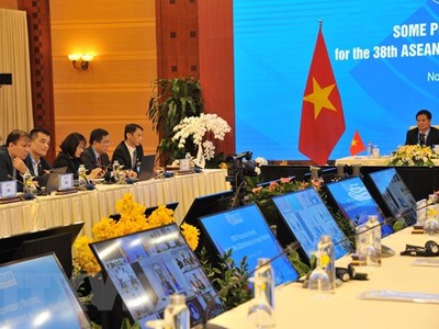 Quang cảnh Hội nghị trù bị trực tuyến quan chức cấp cao năng lượng ASEAN lần thứ 38 tại điểm cầu Hà Nội. (Ảnh: Trần Việt/TTXVN).