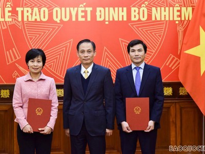 Thứ trưởng Lê Hoài Trung trao quyết định và chúc mừng các cán bộ được bổ nhiệm giữ chức vụ mới.