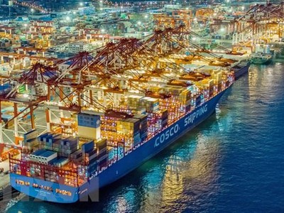 Tàu container neo tại cảng thương mại quốc tế ở Thanh Đảo, tỉnh Sơn Đông, Trung Quốc. (Ảnh: AFP/TTXVN).