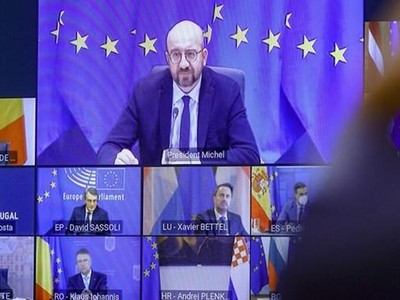 Hội nghị thượng đỉnh trực tuyến của các nhà lãnh đạo EU. (Ảnh: AP).