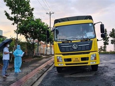 Xe tải sử dụng mã QR luồng xanh giả lưu thông từ vùng dịch về địa bàn tỉnh Gia Lai bị lực lượng chức năng bắt giữ. (Ảnh: Quang Thái/TTXVN).