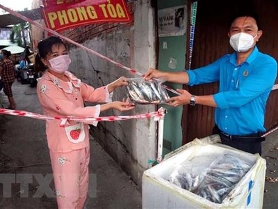 Liên đoàn Lao động quận 8 trao tặng cá của ngư dân tỉnh Quảng Bình cho người lao động khu vực phong tỏa. (Ảnh: Thanh Vũ/TTXVN).