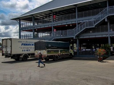 Các xe tải chờ làm thủ tục vào thành phố Cần Thơ giao nhận hàng hóa tại điểm kiểm soát ở Bến xe Trung tâm thành phố. (Ảnh: Thanh Liêm/TTXVN).