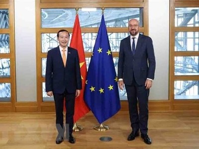 Chủ tịch Hội đồng châu Âu Charles Michel (phải) tiếp Đại sứ Nguyễn Văn Thảo. (Ảnh: European Union/TTXVN).