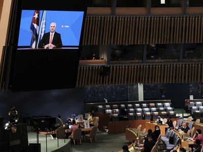 Chủ tịch Cuba Miguel Díaz-Canel trong đoạn video gửi tới kỳ họp Đại hội đồng Liên Hợp Quốc khóa 76. (Ảnh: AP).