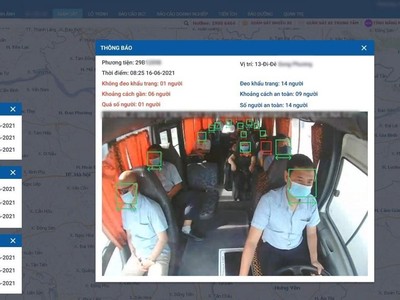 Công nghệ giải pháp “Di chuyển an toàn” hỗ trợ phòng dịch được triển khai miễn phí cho các doanh nghiệp vận tải. Ảnh chụp màn hình camera lắp trên xe.