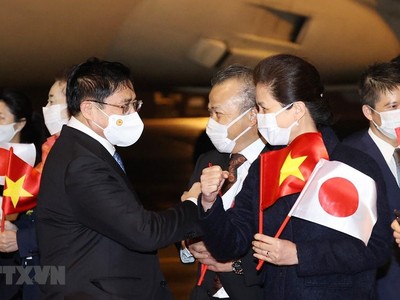 Cán bộ, nhân viên Đại sứ quán Việt Nam tại Nhật Bản đón Thủ tướng Phạm Minh Chính tại Sân bay quốc tế Haneda. (Ảnh: Dương Giang/TTXVN).