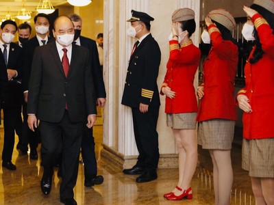 Chủ tịch nước Nguyễn Xuân Phúc tới tham dự lễ công bố các đường bay tới Nga của Vietjet.