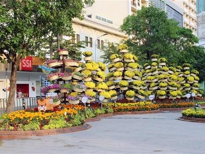 Tiểu cảnh tầng tầng, lớp lớp hoa tươi tạo điểm nhấn ấn tượng ven lối đi trên Đường hoa Nguyễn Huệ Tết Nhâm Dần 2022. (Ảnh: Mỹ Phương/TTXVN).