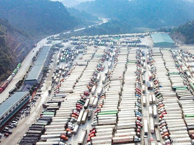 Hàng ngàn xe container hàng hóa nông thủy sản “nằm dài” chờ xuất khẩu sang Trung Quốc Ảnh: Đ.T.