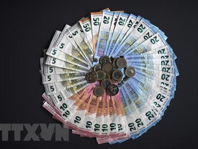 Các đồng tiền giấy và tiền xu euro tại Dortmund, miền Tây nước Đức. (Ảnh: AFP/TTXVN).