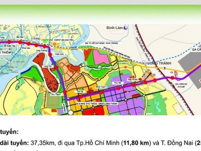 Sơ đồ tuyến đường sắt Thủ Thiêm-Long Thành có chiều dài gần 37,5km. (Ảnh: H.M).