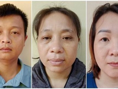 Trần Văn Dũng, Nguyễn Thị Mai và Nguyễn Thị Huế tại cơ quan công an. (Ảnh: Công an cung cấp).