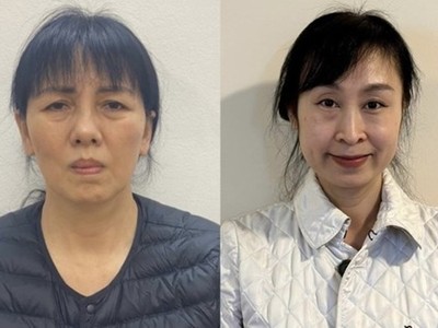 Bị can Nguyễn Thị Thanh Thủy (bên trái) và bị can Nguyễn Bạch Thùy Linh. (Nguồn: TTXVN phát)