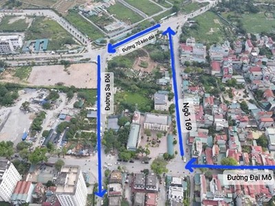 Phương án dự kiến tổ chức nút giao Sa Đôi-Đại Mỗ: ôtô rẽ phải vào ngõ 169 Đại Mỗ, qua dự án thi công đường 70 kéo dài sau đó đi thẳng qua nút giao về hướng Đại lộ Thăng Long. (Ảnh: Báo Kinh tế & Đô thị)