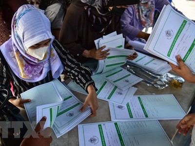 Các tình nguyện viên kiểm tra phiếu bầu trước cuộc tổng tuyển cử, tại Bangkok, Thái Lan, ngày 13/5/2023. (Ảnh: AFP/TTXVN)
