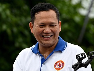 Ông Hun Manet trong cuộc vận động tranh cử ở Phnom Penh ngày 21/7/2023. Ảnh: AFP/TTXVN.