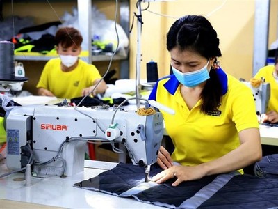 Công nhân may làm việc tại Công ty TNHH May mặc Dony, xã Vĩnh Lộc A, huyện Bình Chánh, Thành phố Hồ Chí Minh. (Ảnh: Hồng Đạt/TTXVN)