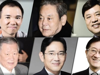 6 tỷ phú giàu nhất Hàn Quốc, từ trên xuống: Kim Jung-ju, Lee Kun-hee, Seo Jung-jin, Suh Kyung-bae, Jay Y. Lee và Chung Mong-koo. (Nguồn: scmp)