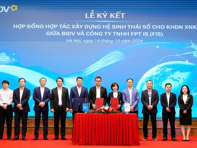 Lễ kết hợp tác xây dựng Hệ sinh thái số cho KHDN XNK giữa ngân hàng BIDV và FPT IS.
