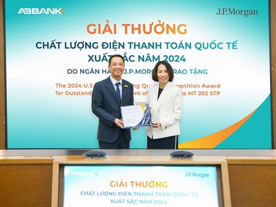 ABBANK nhận giải “Chất lượng điện Thanh toán quốc tế xuất sắc 2024” từ JP Morgan với thành tích tỉ lệ điện thanh toán quốc tế đạt chuẩn năm 2024 lên tới 98%.