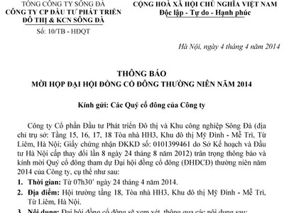 Sudico thông báo mời họp ĐHCĐ thường niên 2014