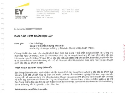 CTCK IB - IBSC (VIX) công bố ý kiến của công ty kiểm toán về Báo cáo tài chính năm 2014