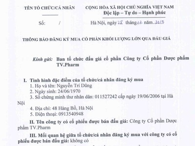 NĐT Nguyễn Trí Dũng đăng ký mua cổ phần khối lượng lớn qua đấu giá CTCP Dược phẩm TV. Pharm