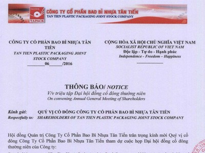 CTCP Bao bì Nhựa Tân Tiến thông báo triệu tập ĐHCĐ thường niên 2016