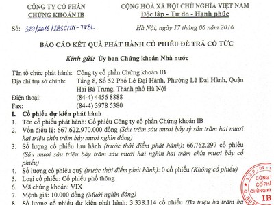 Công ty Chứng khoán IB thông báo kết quả phát hành cổ phiếu trả cổ tức