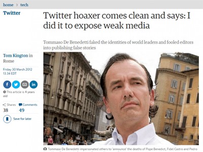 Chân dung Debenedetti trong một bài viết về các trò lừa của ông trên báo Guardian năm 2012.