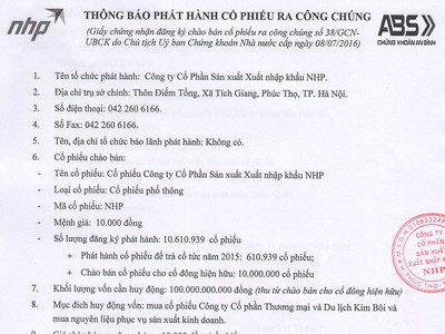 CTCP Sản xuất xuất nhập khẩu NHP thông báo phát hành cổ phiếu ra công chúng