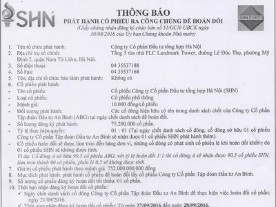 SHN thông báo phát hành cổ phiếu ra công chúng để hoán đổi