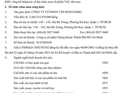 KDC công bố chào mua công khai cổ phiếu TAC