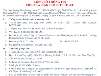 Masan Beverage công bố thông tin chào mua công khai 2,6 triệu cổ phiếu VCF