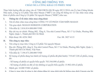 CTCP Tầm nhìn Masan công bố thông tin chào mua công khai cổ phiếu MSR