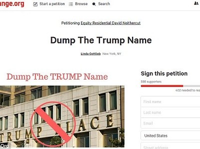 Thư kiến nghị trực tuyến có tên "Xóa tên Trump" của cư dân tòa nhà. Ảnh: Change.org