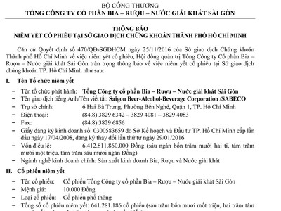 Sabeco thông báo niêm yết cổ phiếu tại Sở Giao dịch Chứng khoán TP.HCM