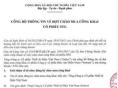 Gelex công bố chào mua công khai cổ phiếu STG