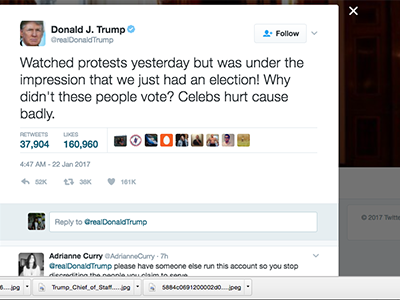 Tân tổng thống Mỹ Trump chỉ trích người biểu tình đã không đi bỏ phiếu. Ảnh: Twitter