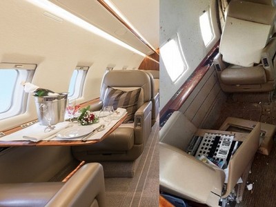 Nội thất máy bay trước và sau sự cố. Ảnh:Flight Service Bureau.