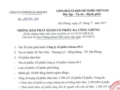 CTCP Lilama 69-2 thông báo phát hành cổ phiếu ra công chúng (thay đổi ngày đăng ký mua)